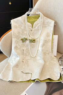 Apricot Daily Flowers Buckle Pearls Decor O Neck Tops