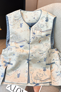 White Blue Daily Jacquard Buckle V Neck Tops