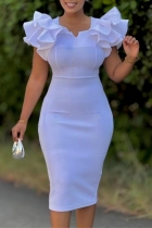 White Casual Elegant Solid Color Ruffle V Neck Wrapped Skirt Dresses