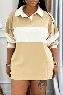Khaki Casual Daily Patchwork Contrast Turndown Collar Long Sleeve Two Pieces