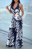 Blue Casual Print Buttons Backless Belted Halter Sleeveless Two Pieces