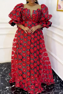 Red Elegant Zipper Embroidery V Neck Long Plus Size Dresses