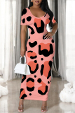 Khaki Casual Leopard Print Slit Contrast V Neck Printed Short Sleeve Dress