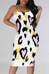 White Sexy Geometric Print Contrast Sling Dresses