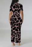 Khaki Casual Leopard Print Slit Contrast V Neck Printed Short Sleeve Dress