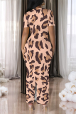 Khaki Casual Leopard Print Slit Contrast V Neck Printed Short Sleeve Dress