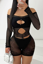 Black Sexy Solid Color Hollow Out Patchwork See-Through Off Shoulder Skinny Rompers