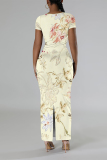 Multicolor Casual Floral Print Butterfly Slit Contrast O Neck Printed Short Sleeve Dress