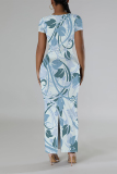 Multicolor Casual Floral Print Butterfly Slit Contrast O Neck Printed Short Sleeve Dress