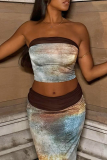 Blue Sexy Print Patchwork Strapless Sleeveless Two Pieces