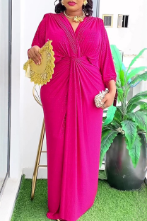 Rose Red Elegant Solid Color Ruched V Neck Long Plus Size Dresses