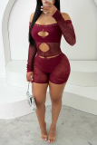 Black Sexy Solid Color Hollow Out Patchwork See-Through Off Shoulder Skinny Rompers