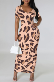 Khaki Casual Leopard Print Slit Contrast V Neck Printed Short Sleeve Dress