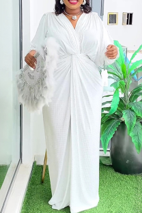 White Elegant Solid Color Ruched V Neck Long Plus Size Dresses