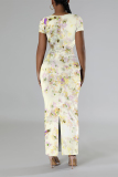 Multicolor Casual Floral Print Butterfly Slit Contrast O Neck Printed Short Sleeve Dress