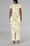 Multicolor Casual Floral Print Butterfly Slit Contrast O Neck Printed Short Sleeve Dress