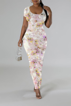 White Casual Floral Print Butterfly Slit Contrast O Neck Printed Short Sleeve Dress