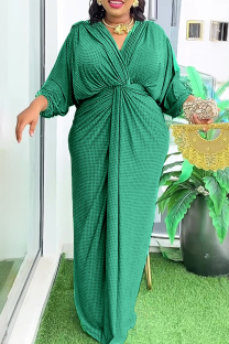 Green Elegant Solid Color Ruched V Neck Long Plus Size Dresses