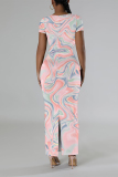 Multicolor Casual Floral Print Butterfly Slit Contrast O Neck Printed Short Sleeve Dress
