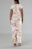 Multicolor Casual Floral Print Butterfly Slit Contrast O Neck Printed Short Sleeve Dress