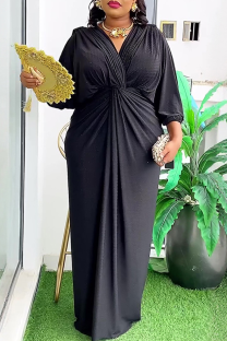 Black Elegant Solid Color Ruched V Neck Long Plus Size Dresses