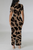 Khaki Casual Leopard Print Slit Contrast V Neck Printed Short Sleeve Dress