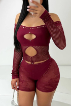 Burgundy Sexy Solid Color Hollow Out Patchwork See-Through Off Shoulder Skinny Rompers