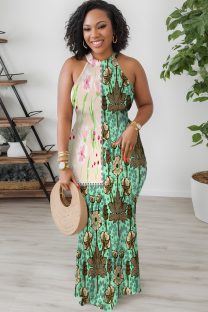 Green Casual Floral Print Contrast O Neck Long Dresses