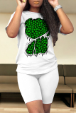 Green White Casual Skull Ombre Rainbow Print Four Leaf Clover O Neck Short Sleeve Two Pieces