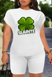 Orange Green Casual Letter Print Four Leaf Clover Contrast O Neck Short Sleeve Two Pieces