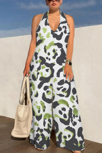 White Sexy Geometric Camouflage Print Pocket Lace Up Backless Contrast Halter Loose Jumpsuits