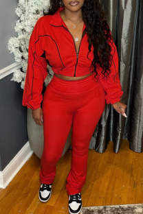 Red Casual Zipper Contrast Zipper Collar Long Sleeve Two Pieces