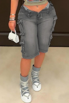 Grey Casual Daily Solid Color Pocket Patchwork Mid Waist Regular Denim Shorts