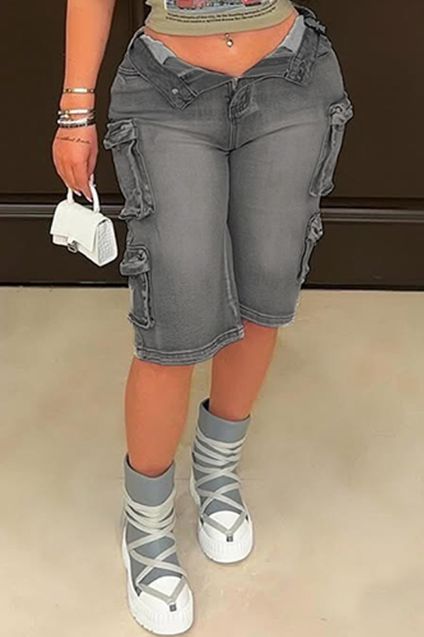 Grey Casual Daily Solid Color Pocket Patchwork Mid Waist Regular Denim Shorts