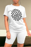 Green White Casual Skull Ombre Rainbow Print Four Leaf Clover O Neck Short Sleeve Two Pieces