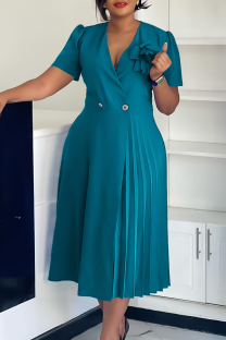 Malachite Green Elegant Solid Color Buttons Flower Shape V Neck Long Dresses