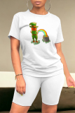 Green White Casual Skull Ombre Rainbow Print Four Leaf Clover O Neck Short Sleeve Two Pieces