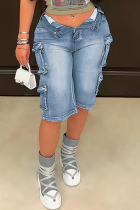 Blue Casual Daily Solid Color Pocket Patchwork Mid Waist Regular Denim Shorts