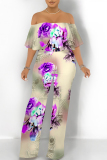 Pink Casual Floral Print Pocket Flounce Contrast Off Shoulder Jumpsuits