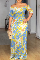 Blue Sexy Geometric Print Pocket Contrast V Neck Printed Dresses