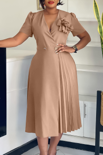 Khaki Elegant Solid Color Buttons Flower Shape V Neck Long Dresses