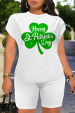 Orange Green Casual Letter Print Four Leaf Clover Contrast O Neck Short Sleeve Two Pieces
