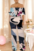 Multicolor Casual Floral Print Pocket Flounce Contrast Off Shoulder Jumpsuits