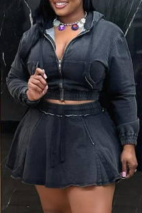 Black Casual Solid Color Zipper Hooded Long Sleeve Two Pieces
