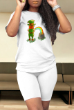 Green White Casual Skull Ombre Rainbow Print Four Leaf Clover O Neck Short Sleeve Two Pieces
