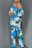 Pink Casual Floral Print Pocket Flounce Contrast Off Shoulder Jumpsuits