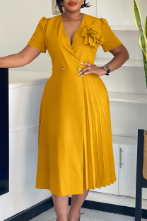 Yellow Elegant Solid Color Buttons Flower Shape V Neck Long Dresses