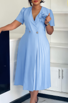 Light Blue Elegant Solid Color Buttons Flower Shape V Neck Long Dresses