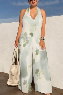 Beige Sexy Geometric Camouflage Print Pocket Lace Up Backless Contrast Halter Loose Jumpsuits