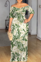 Green Sexy Geometric Print Pocket Contrast V Neck Printed Dresses